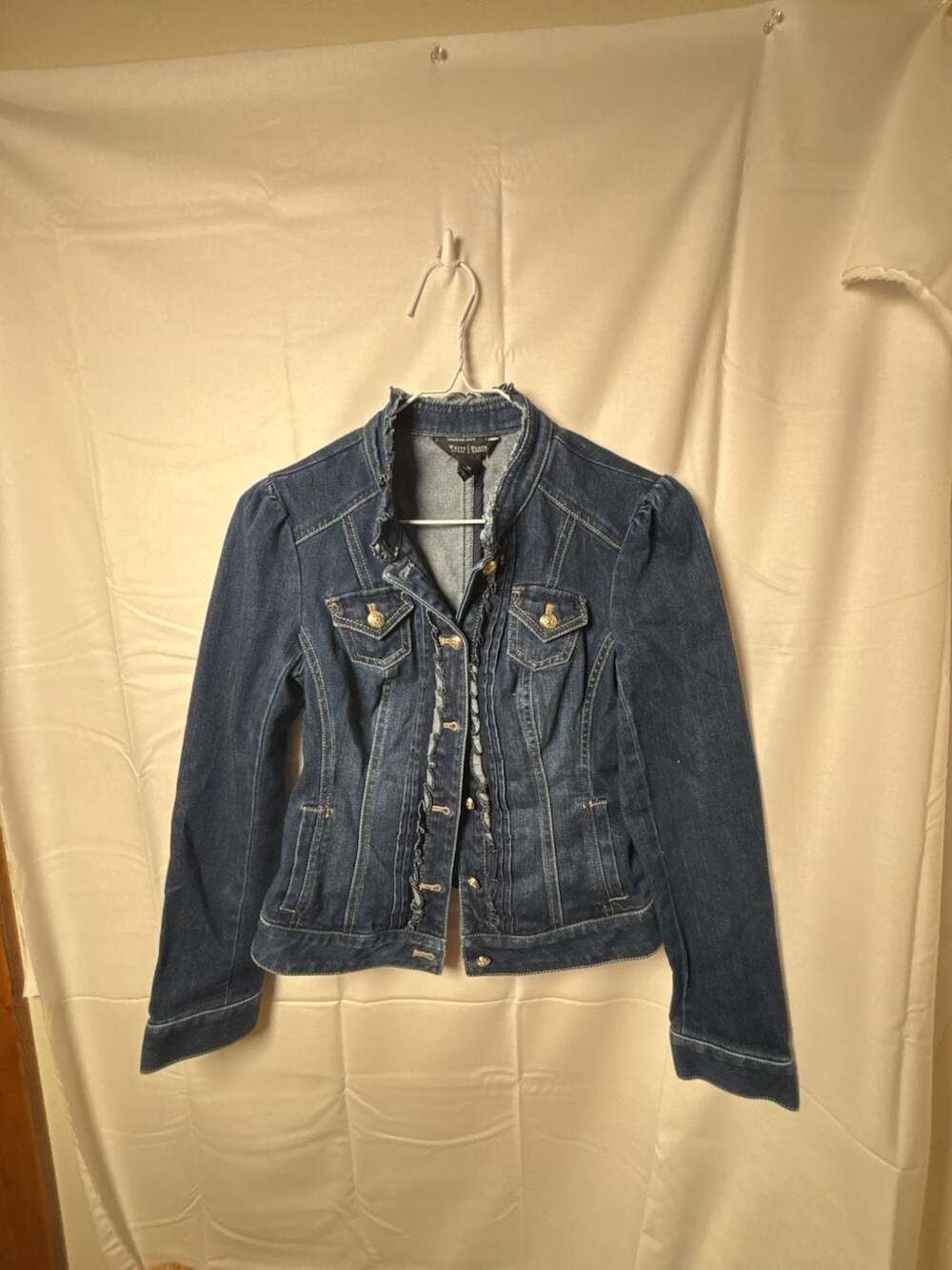 White House Black Market Denim Jacket Size 00 Dark Wash Ruffled